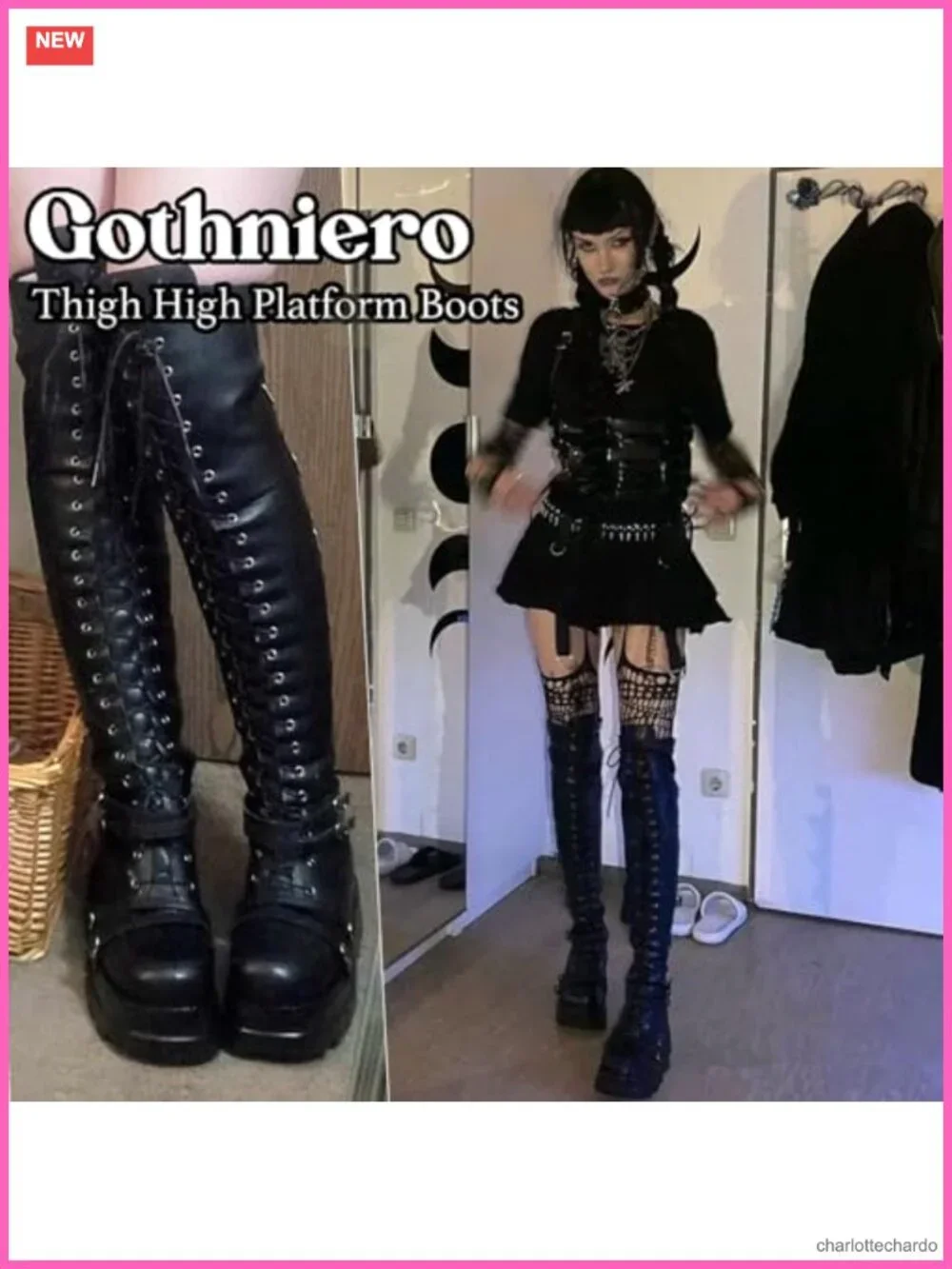 Over Knee Thigh High Platform Goth Boots for Women Chunky Heel Lace Up Side Zip